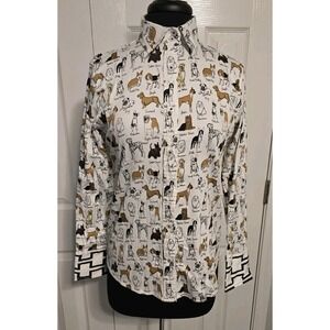 TIZZIE Dog Puppy Print Button Up Long Sleeve Shirt Top Womens Medium Animal